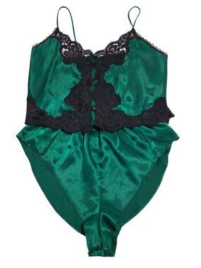 Vintage Gold Label Victorias Secret Green Satin & Black Lace Teddy Medium 2 PC